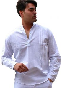 Men's Cotton Gauze 100%. MAO Collar. Long Sleeve Shirt. White Color.