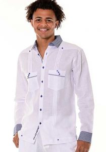 Long Sleeves Guayabera. 2 Pockets Design with Contrast Line Trim. 100% Linen. White/Navy Color.