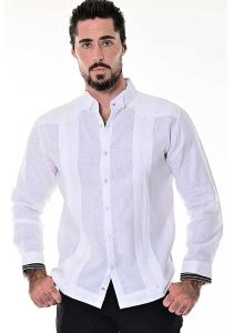 Mens Fancy Guayabera Tuxedo Style Pleated. Linen Guayabera Shirt . Long Sleeve. No Pockets. Solid Color. White Color.