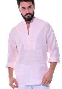 Men's Linen 100%. MAO Collar. Long Sleeve Shirt. Pink Color.
