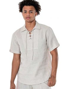 Men's Linen Up Neckline Short Sleeve Shirt. Linen 100%. Natural Color.