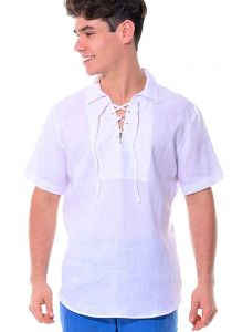 Men's Linen Up Neckline Short Sleeve Shirt. Linen 100%. White Color.