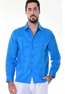 Four pockets Cuban Party Guayabera Long Sleeve. Regular Linen. Royal Blue Color.