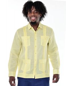 Four pockets Cuban Party Guayabera Long Sleeve. Regular Linen. Yellow Color.