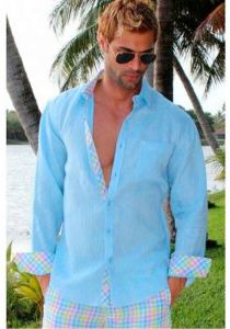 Linen shirt for men. Long sleeves. Checkered. Light Blue color.