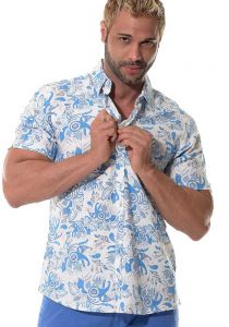 Mens Linen Tropical Print Casual Short Sleeve. One Pocket. Button Down Shirt. Ivory/Blue Color.