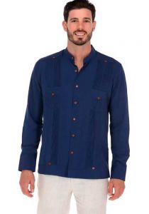 Bamboo Fabric Guayabera. Collar Mao. Perfect fit. Double Eyelet for use Cufflinks. Navy Blue Color. Backorder.