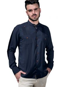 Bamboo Fabric Guayabera. Collar Mao. Perfect fit. Double Eyelet for use Cufflinks. Navy Blue Color. Back Orders.