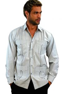 Four pockets Cuban Party Guayabera Long Sleeve. Poly-Cotton. Gray Color.