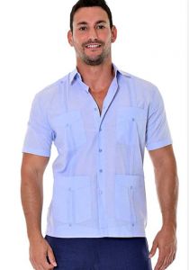 Traditional Guayabera Poly-Cotton. Short Sleeve. Light Blue Color.
