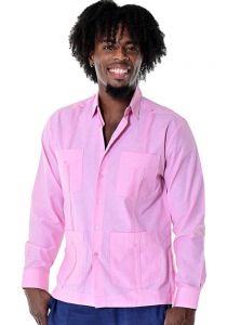 Traditional Guayabera Poly-Cotton. Long Sleeve. Pink Color.
