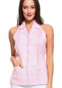 Sexy White Party Sexy Guayabera Halter Blouse for Ladies. Pink Color.