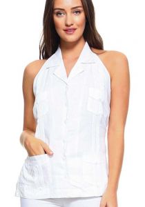 Sexy White Party Sexy Guayabera Halter Blouse for Ladies. Linen Blend. White Color.