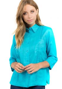 Guayabera Blouses. 3/4 sleeves. Linen Guayabera for Women. Aqua Color.