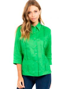 Guayabera Blouses. 3/4 sleeves. Linen Guayabera for Women. Green Color.