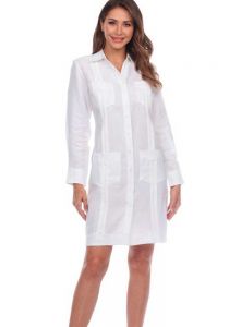 Irish Linen Ladies Guayabera Dress Long Sleeve. Good Quality Linen. White Color.