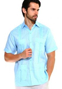 Four pockets Traditional Guayabera Shirt Regular Linen.  Short Sleeve.Light Blue Color.