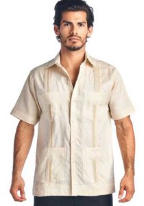 Four pockets Traditional Guayabera Shirt Regular Linen.  Short Sleeve.  Champagne Color.