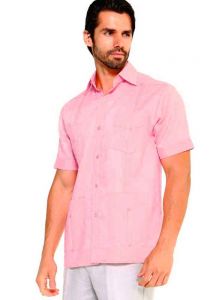 Traditional Guayabera Shirt Regular Linen. Short Sleeve. Pink Color.