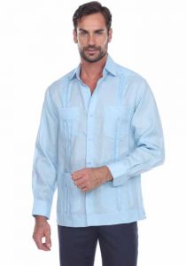 PLUS Size Traditional Guayabera Shirt Regular Linen Long Sleeve. Light Blue Color.