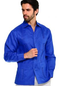 PLUS Size Traditional Guayabera Shirt Regular Linen Long Sleeve. Royal Blue Color.