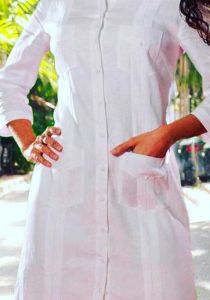 Linen Party Ladies Guayabera Dress 3/4 Sleeve. Juvenile Style. White Color.