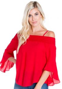 Women's 3/4 Bell Sleeve Peasant Top. Sexy Blouse. Red Color.