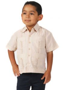 Boys Poly-Cotton Blend Guayabera for kids. 2 to 8 Years. Short Sleeve. Run one size less than the Age. Beige Color.