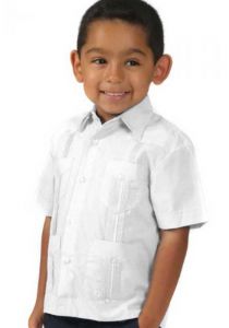 Boys Poly-Cotton Blend Guayabera for kids. 2 to 8 Years. Short Sleeve. Run one size less than the Age. White Color.