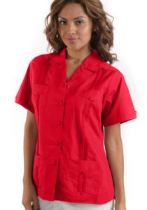 Uniform Guayabera Poly- Cotton Wholesale Short Sleeve for Ladies. Red Color. Runs Small.