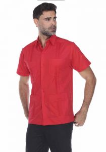 Poly-Cotton Guayabera. Traditional Cuban Guayabera. Short Sleeve. Four Pockets. Red Color.