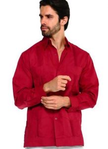 Long Sleeve Uniform Poly-Cotton Guayabera. Burgundy Color.