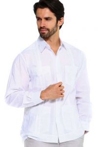 Long Sleeve Uniform Poly-Cotton Guayabera. White Color.