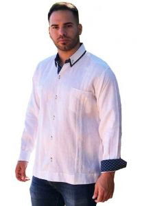 Two Pockets Guayabera with Cuff Print Feature. Groomsmen or Best Men. White/Navy Color.