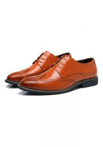 Mens Oxford Leather Formal Brogue Lace-Up Casual Dress Wing End Wedding Shoes. Yellow Color.