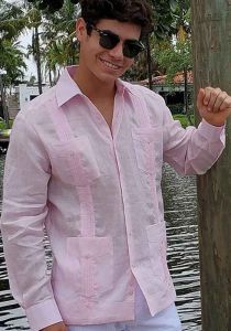Four pockets Cuban Party Guayabera Long Sleeve. Regular Linen. Pink Color.